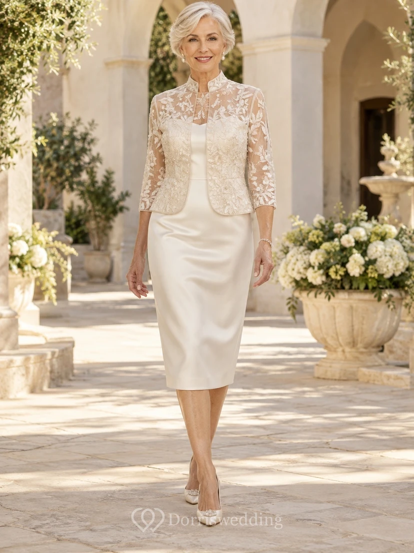 Modest Knee Length Wedding Sheath Satin Dress for Older Brides with Stand Collar Lace Jacket