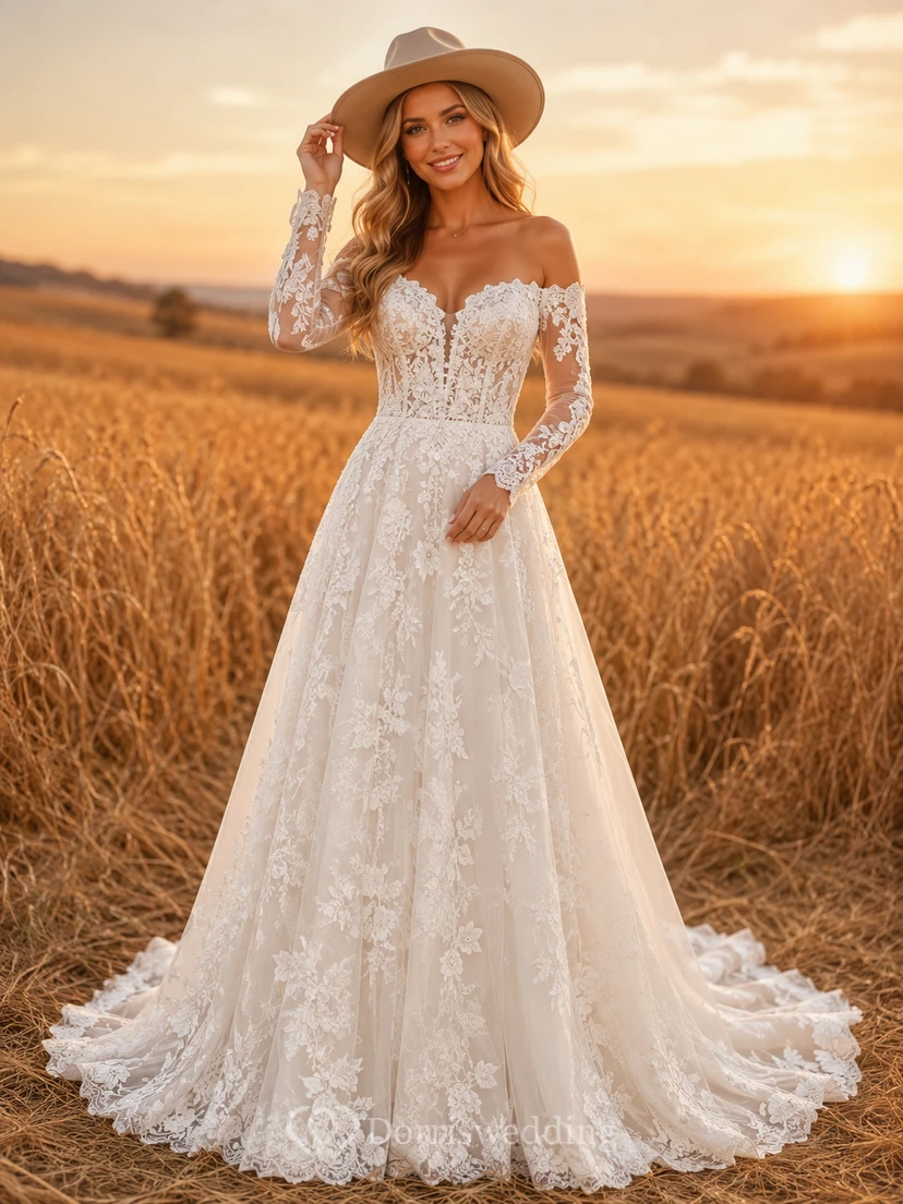 Boho Off Shoulder Long Sleeve Lace Chapel Wedding Dress
