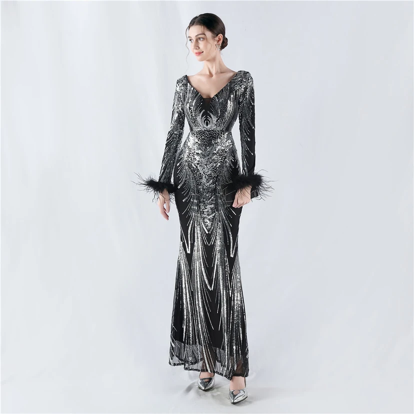 Robe de soirée haut de gamme ornée de perles florales fixes et de poils d'autruche, hôte de la réunion annuelle d'hiver view 23