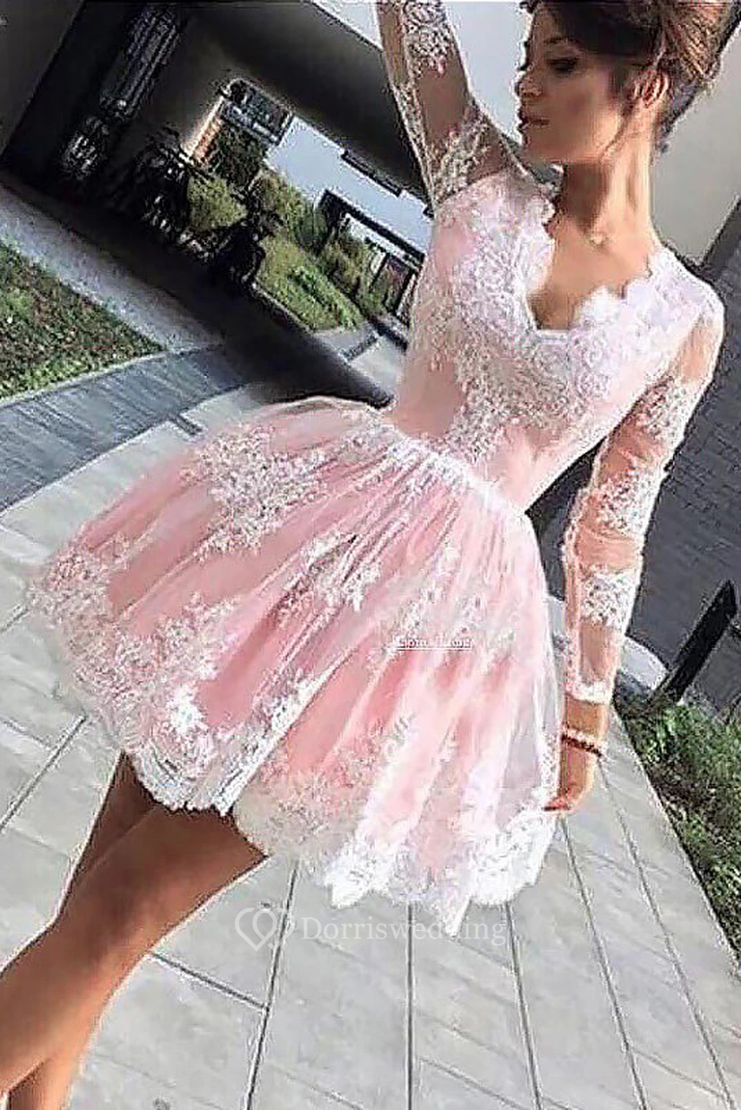 A-Linien-Ballkleid, lange Ärmel, Spitze, V-Ausschnitt mit Muschelkante, Reißverschluss, kurzes Mini-Abendkleid