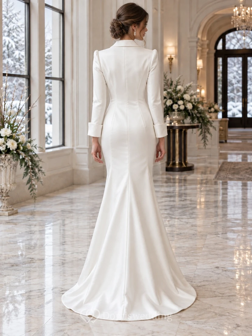 Vestido de novia de satén con mangas largas, cuello con muescas y botones, estilo sirena. view 2