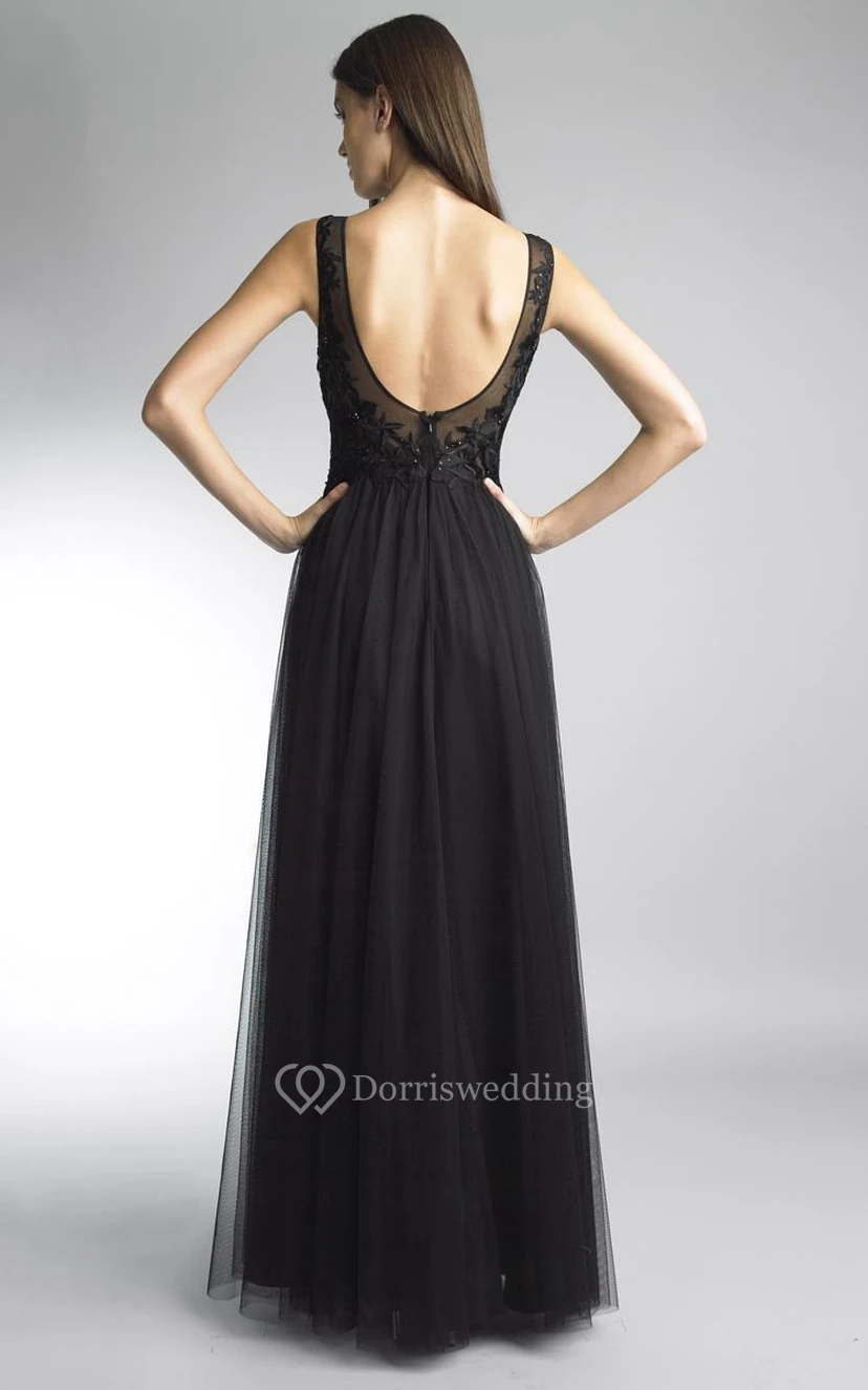 A-line Floor-length Jewel Sleeveless Tulle Low-V Back Dress view 2