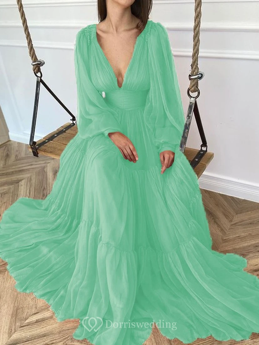 Sexy V-neck Puff Long Sleeve Chiffon Layered Empire Dress view 33