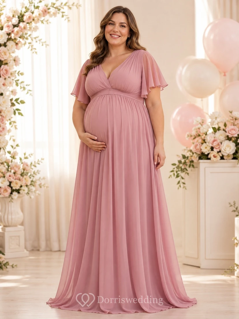 Dusty Rose Plus-Size Maternity V-Neck A-Line Floor-Length Short-Sleeve Chiffon Guest Gown