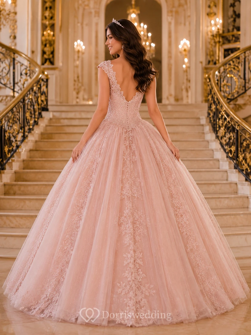 Blush Romantic V Neck Cap Sleeve Scalloped Lace Quinceanera Princess Formal Ball Gown view 2