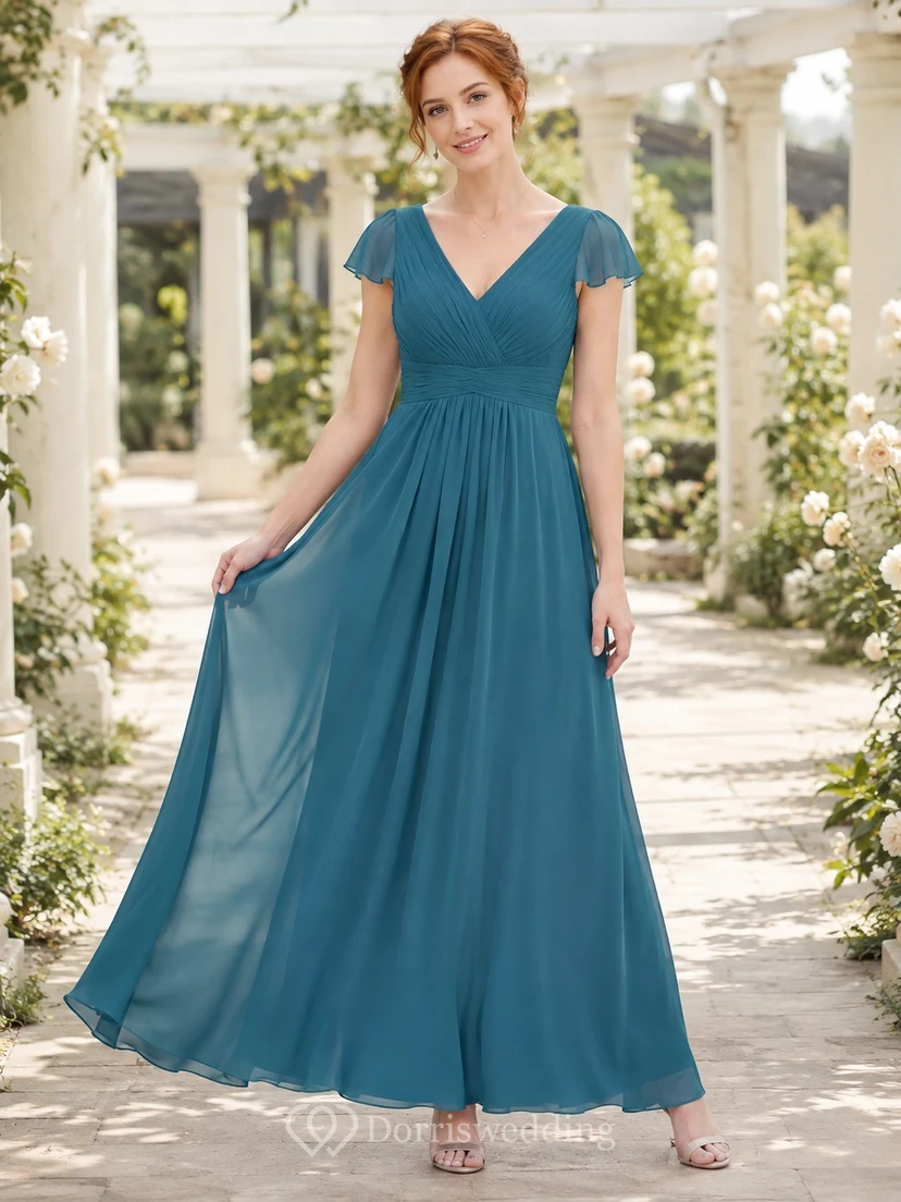 Robe de demoiselle d'honneur modeste en mousseline de soie bleu sarcelle, col en V, manches courtes, coupe trapèze, longueur au sol