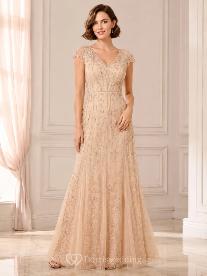 Luxury Champagne V-neck Sleeveless A-line Lace Formal Dress