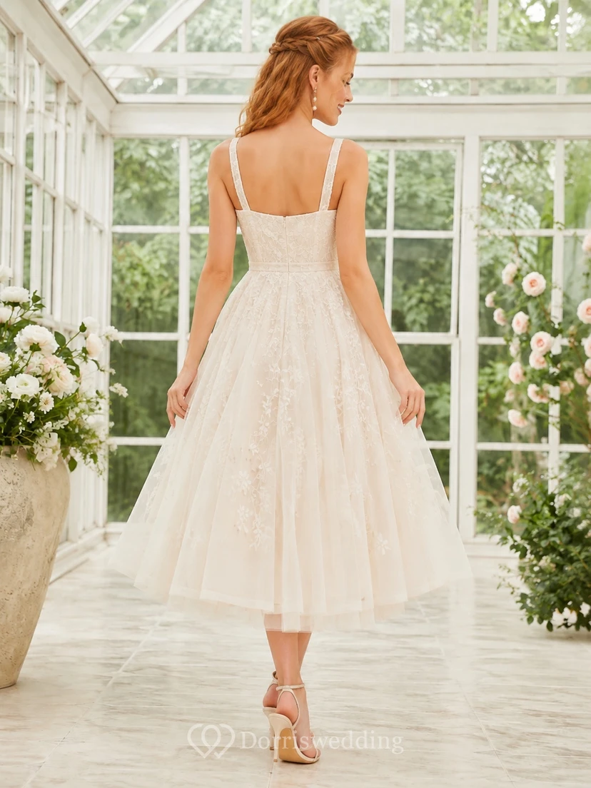 Romantic Square Neck Spaghetti Lace A-Line Tea-Length Garden Elopement Wedding Dress view 2