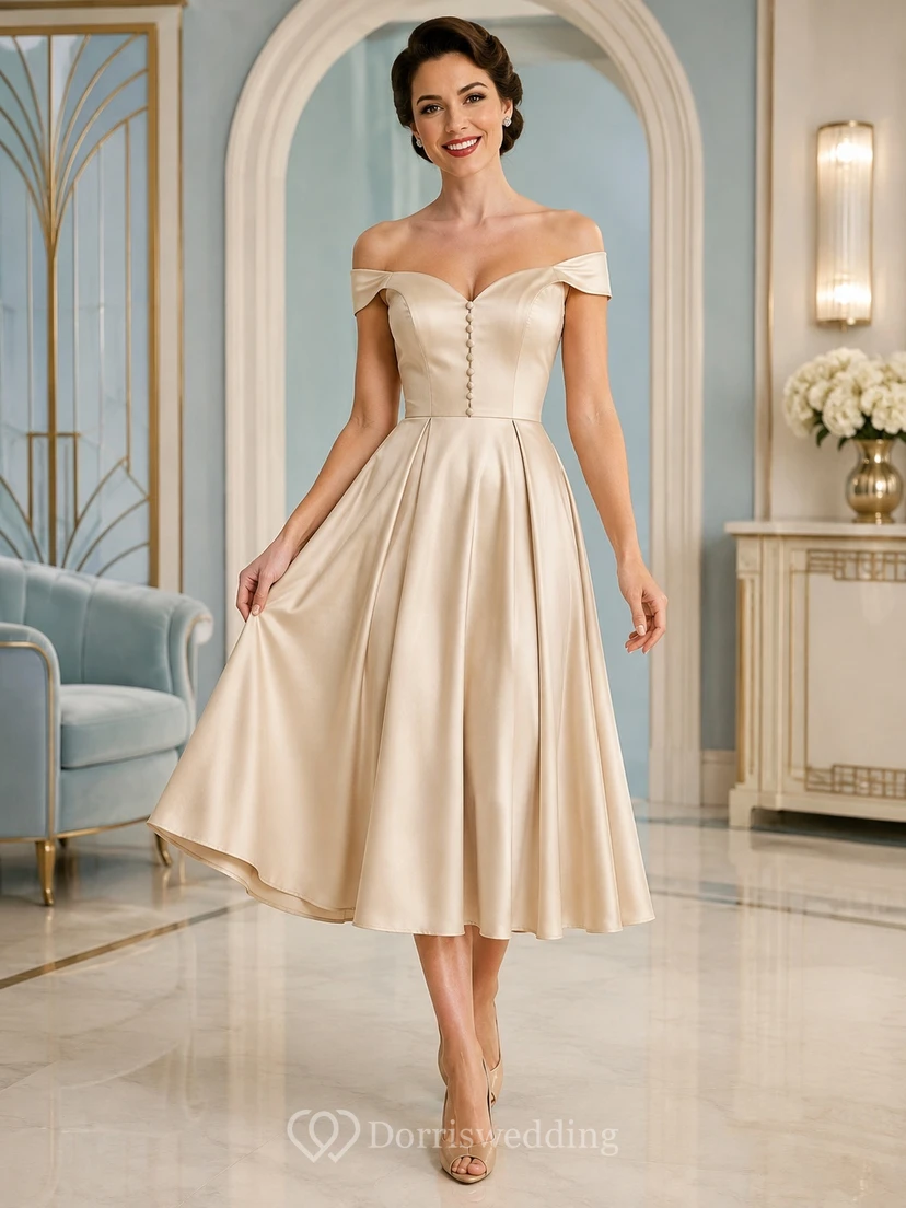 Vintage Champagne Off-Shoulder Sweetheart Satin A-Line Tea-Length Elegant Reception Cocktail Dress