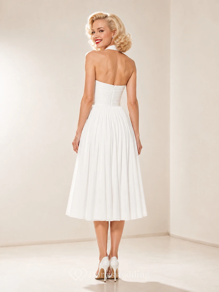 Pleated Halter Ivory A-Line Tea-length V-neck Sleeveless Chiffon Vintage Elegant Cocktail Guest Reception Dress view 2