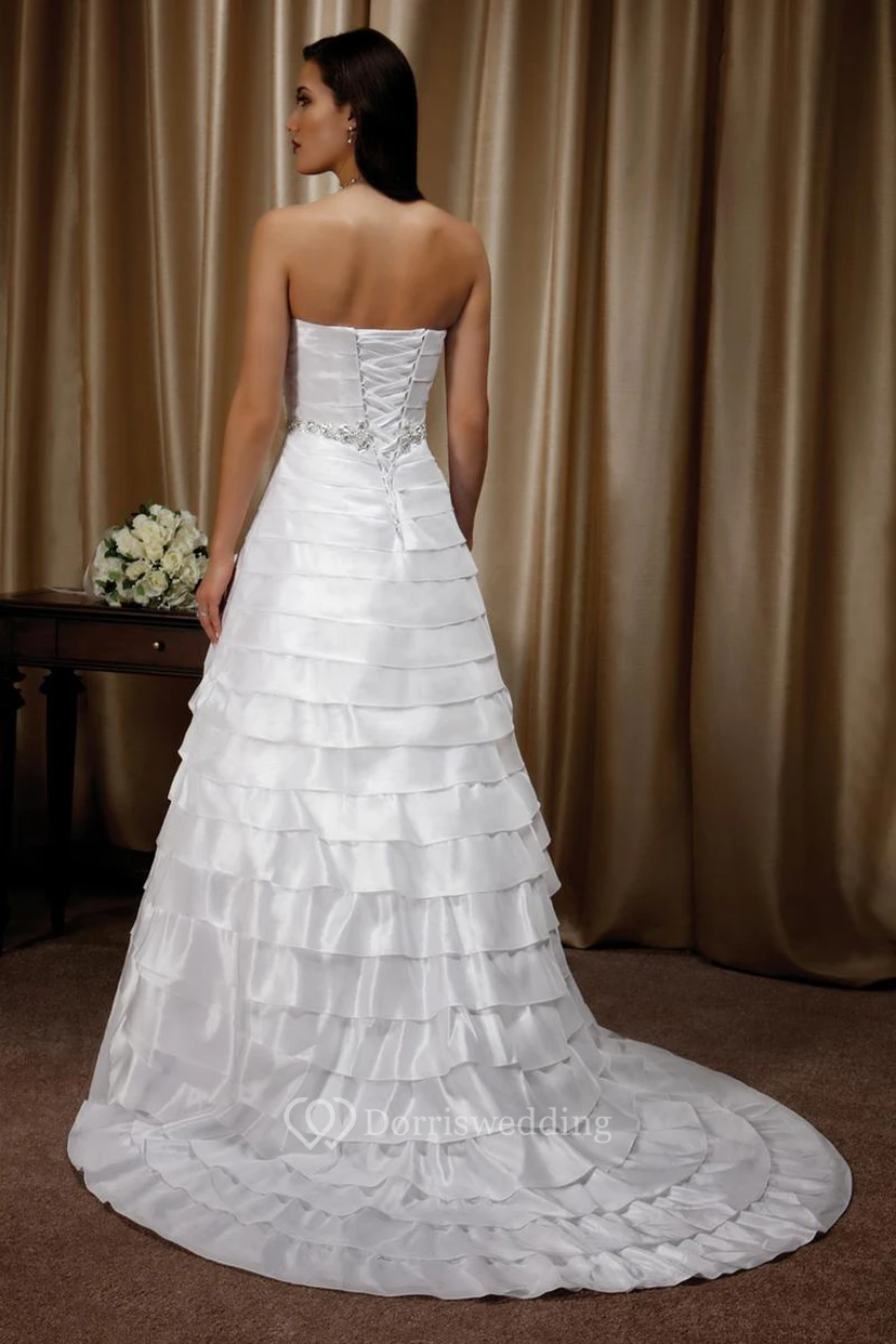A-Line Maxi Sleeveless Strapless Tiered Satin Wedding Dress With Waist Jewellery And Lace-Up Back view 2