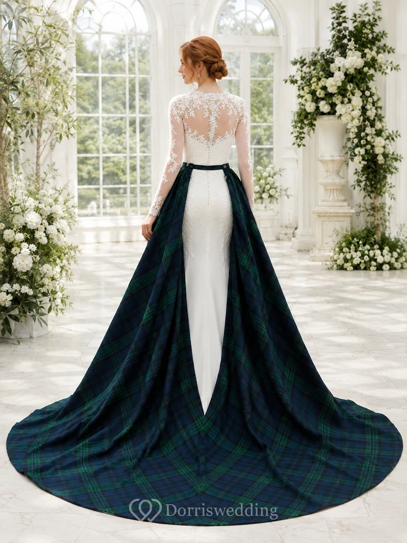 Schottisches Clan-Tartan-Hochzeitskleid im Meerjungfrauenstil mit abnehmbarem Rock, langen Ärmeln, hohem Kragen und Spitze view 2