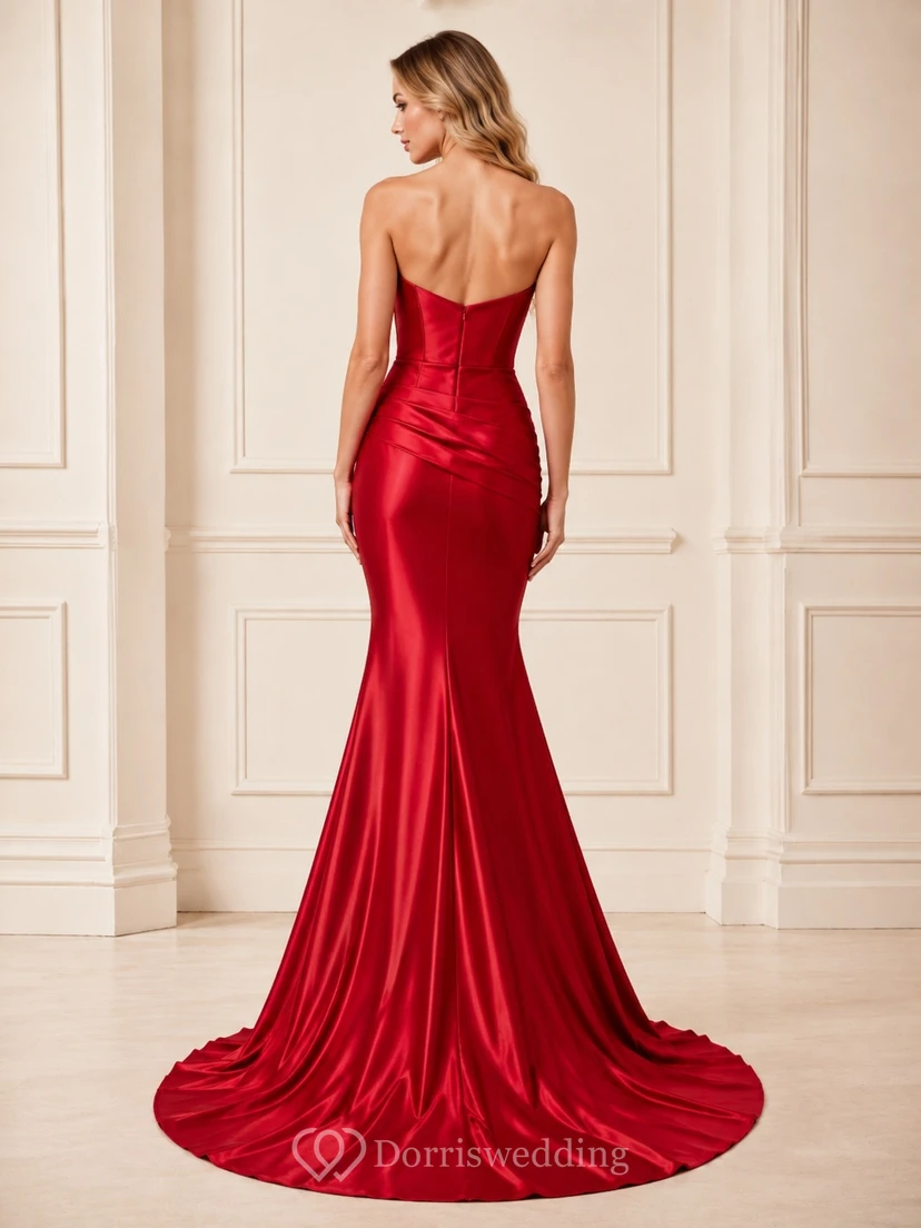 Vestido de noche formal de satén rojo con escote corazón, fruncido y cola de sirena view 2