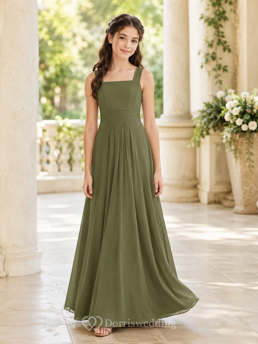 Olivgrünes Brautjungfernkleid für junge Mädchen, A-Linie, ärmellos, schlicht und formell
