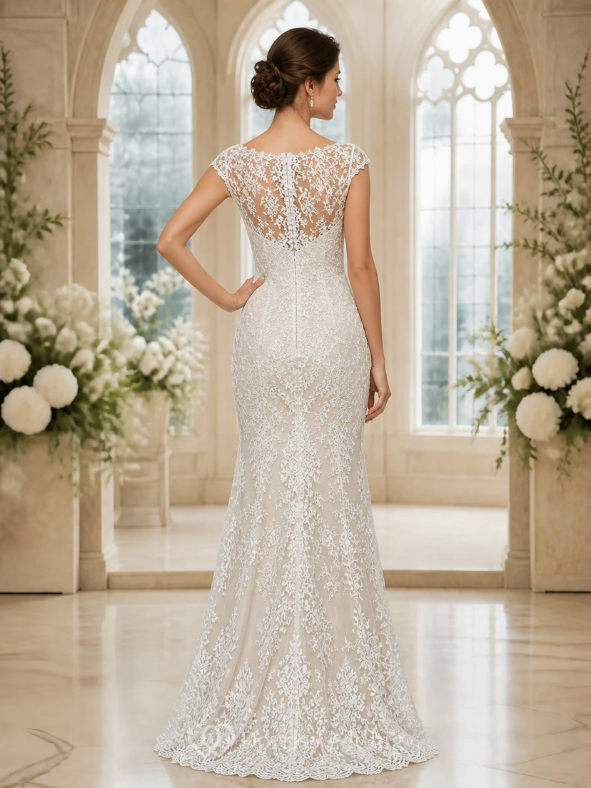 Vestido de novia de encaje estilo tubo con escote barco para novias mayores y modestas view 2