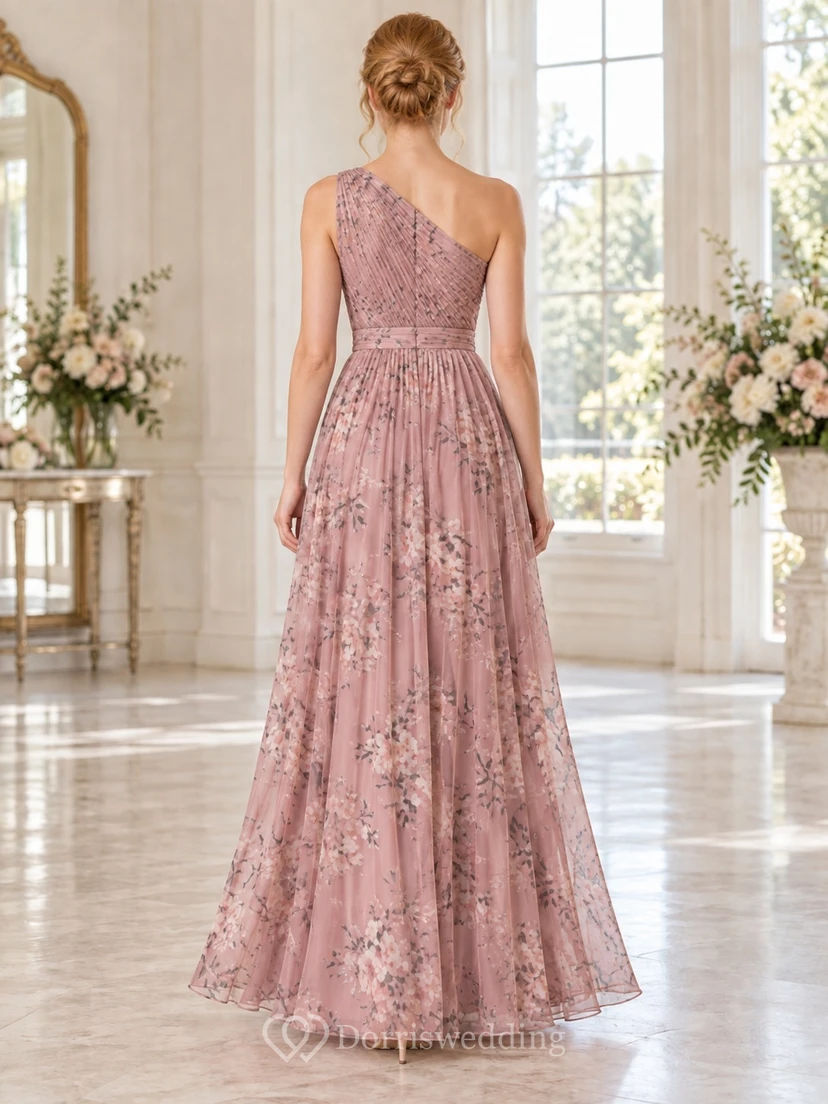 Robe de demoiselle d'honneur en mousseline de soie rose poudré à fleurs, asymétrique, drapée, longue jusqu'au sol, coupe trapè view 2