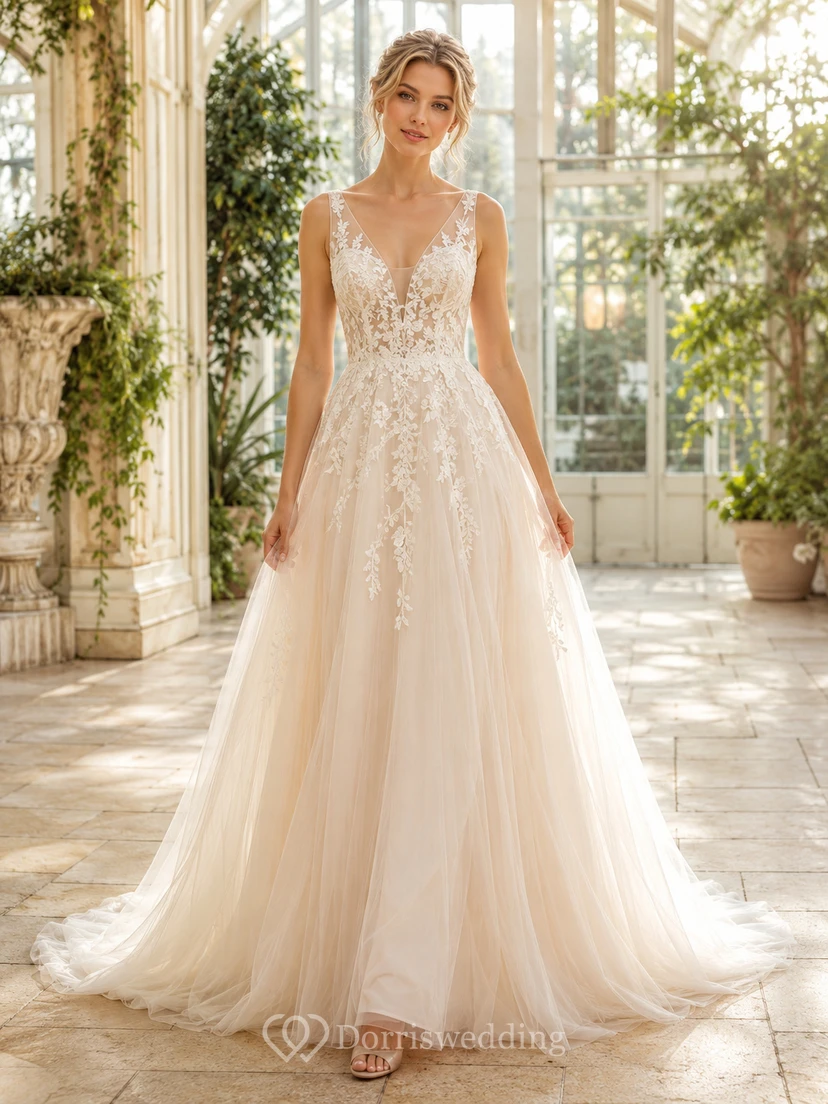 Champagne Plunge V Neck Lace Tulle A Line Wedding Gown