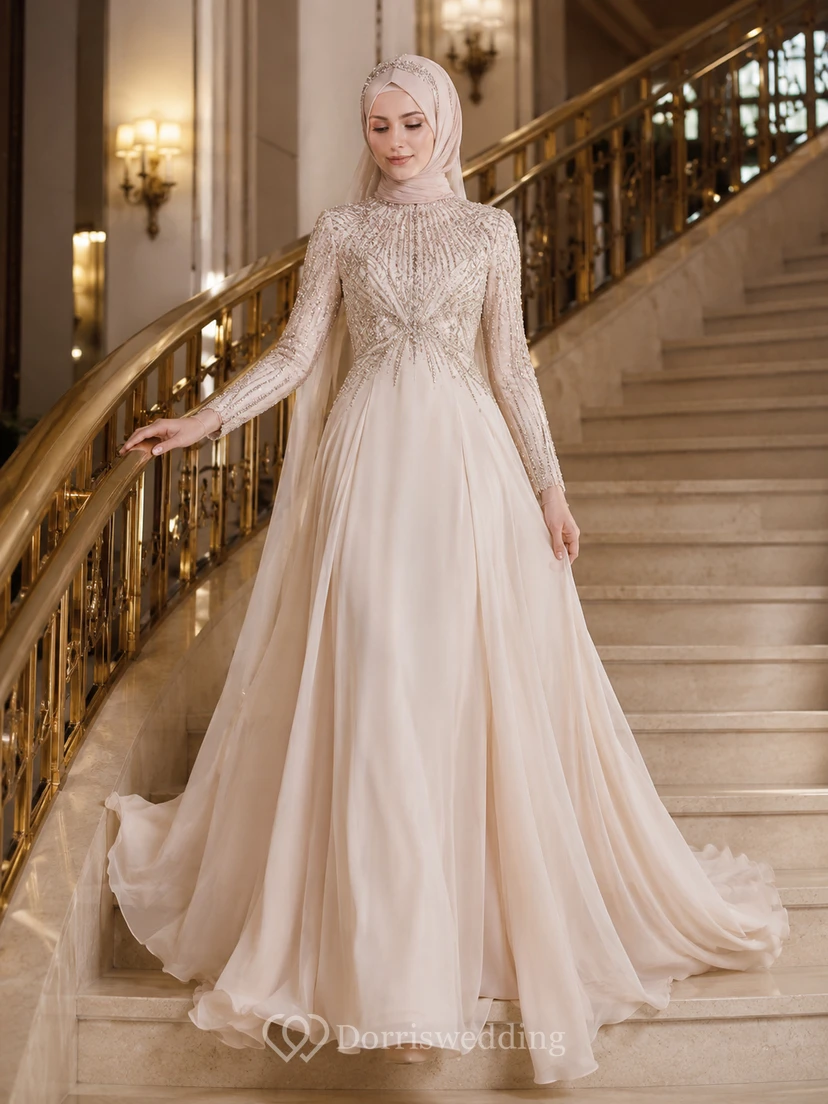 Robe de mariée musulmane hijab à corsage perlé, coupe trapèze, ourlet escalier