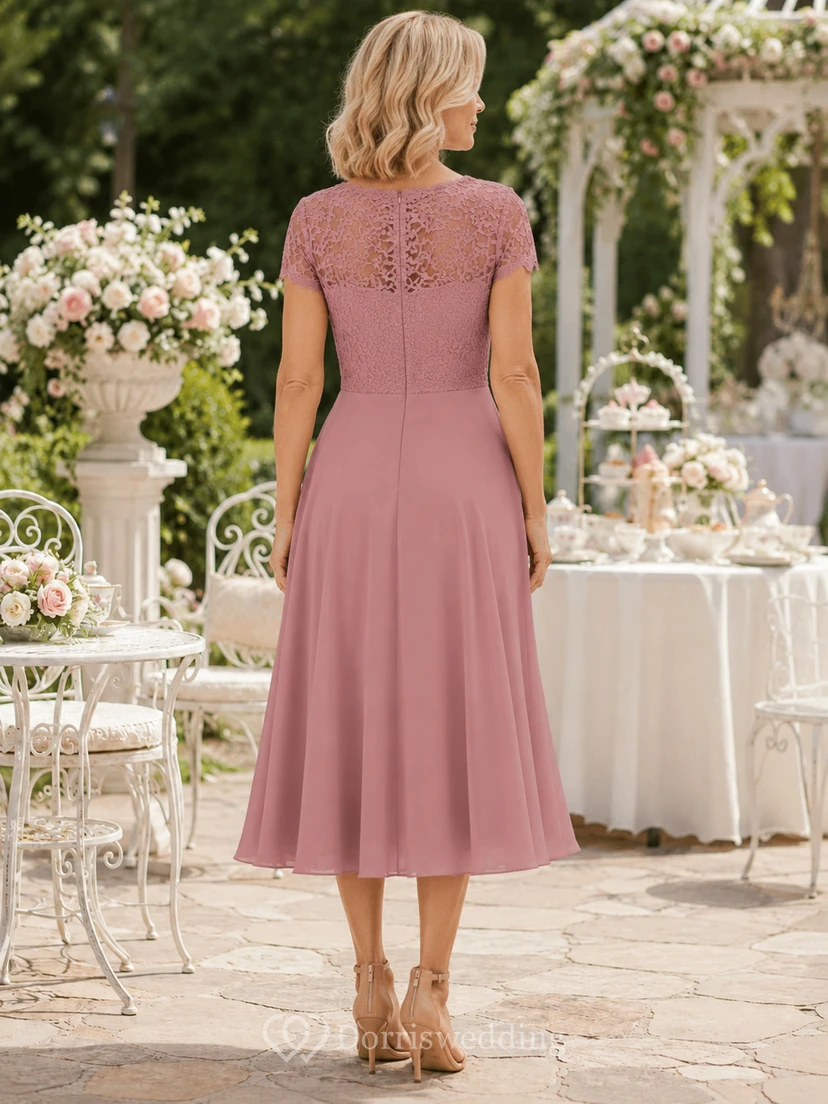 Mutterkleid aus altrosa Spitze mit kurzen Ärmeln und Teelänge view 2