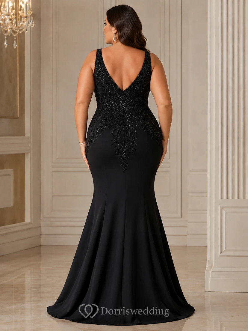 Plus Size Mermaid Sequin Plus Size Evening Dress with V-neck, Sleeveless and Sequins Beading, Floor Length view 2