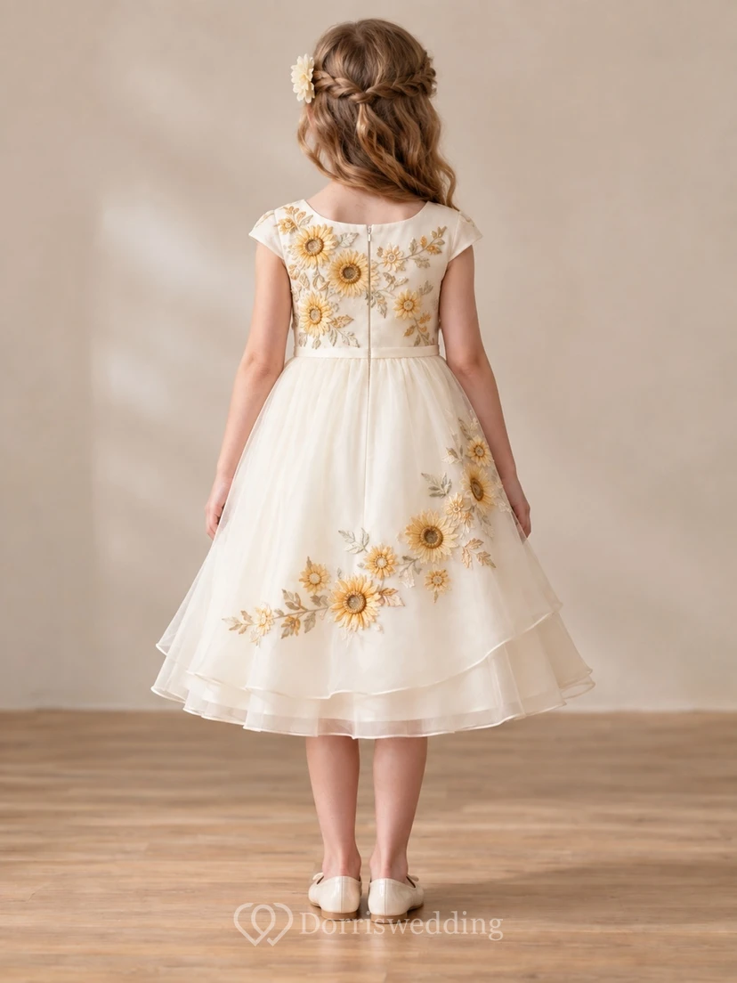 Tea-length Ivory Cap Sleeve Sunflower Floral Tiered Organza Flower Girl Dress view 2