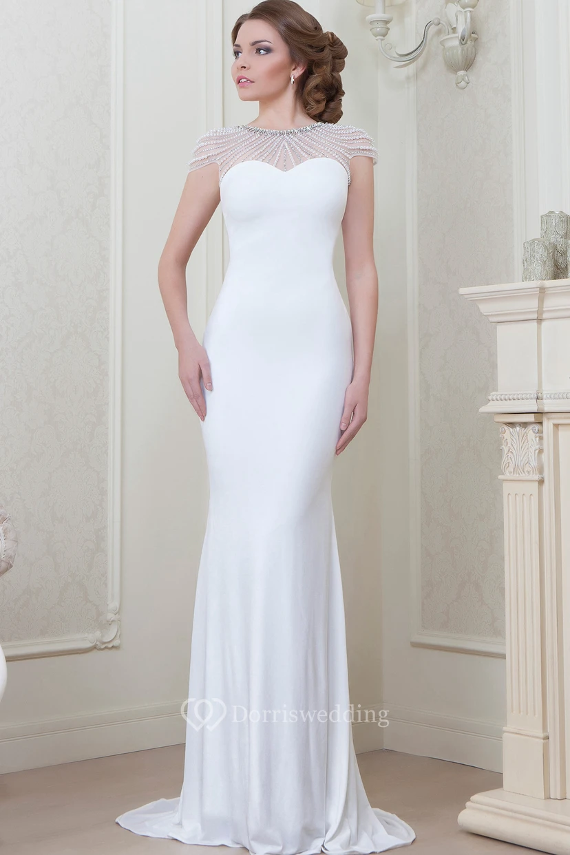 Sheath Floor-Length Scoop-Neck Cap-Sleeve Beaded Jersey Evening Dress