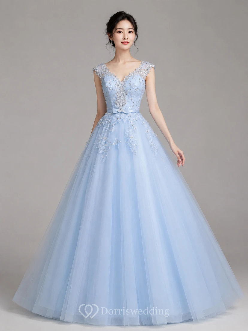 Ball Gown Floor-Length V-Neck Bell Cap Beading Flower Corset Back Tulle Lace Sequins Dress view 6