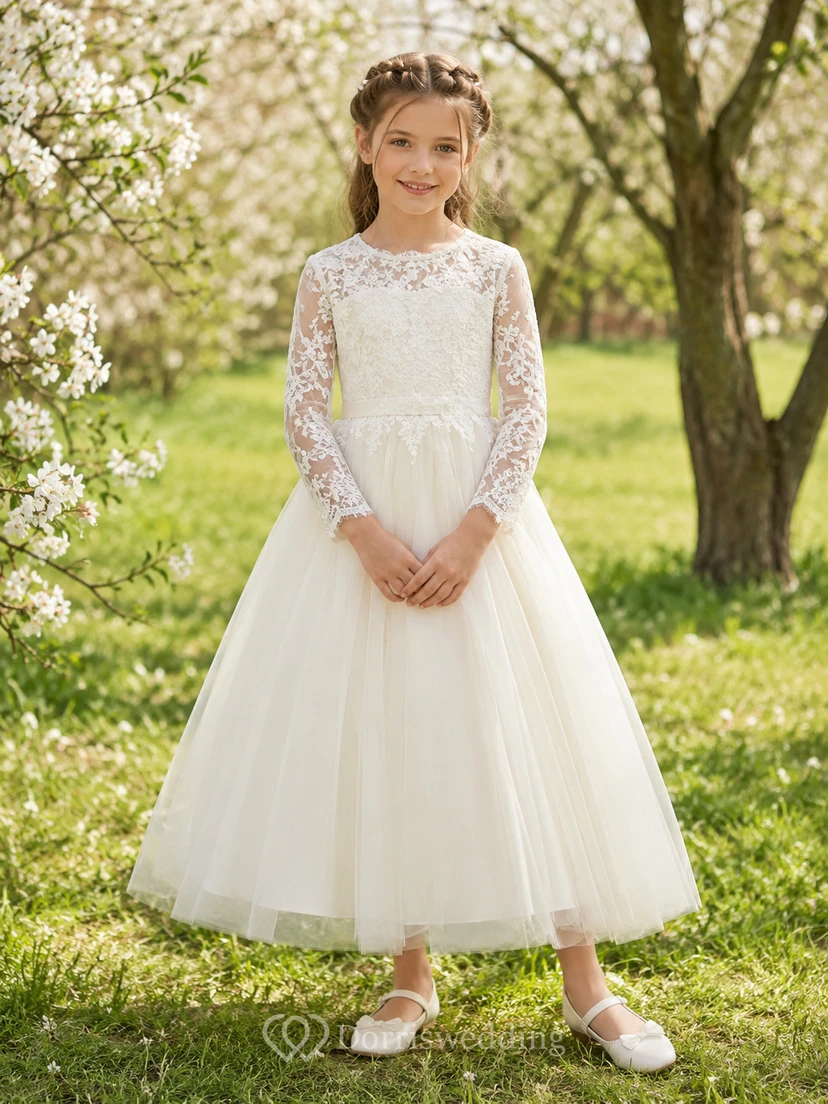 Langärmeliges Kleid aus Spitze und Tüll, ideal für Kommunion, Blumenmädchen und in Teelänge