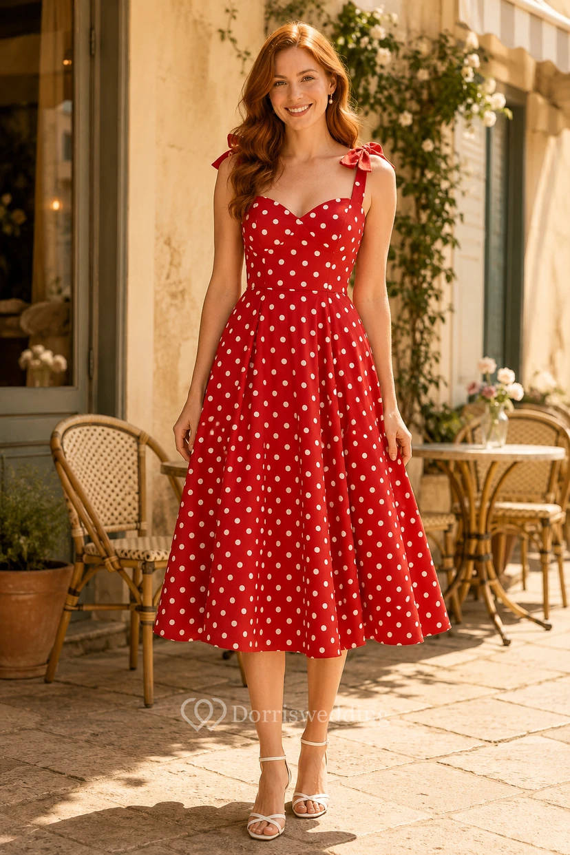 Vestido de invitada de boda rojo de gasa, corte A, escote corazón, sin mangas, detalle de lazo, largo hasta la rodilla