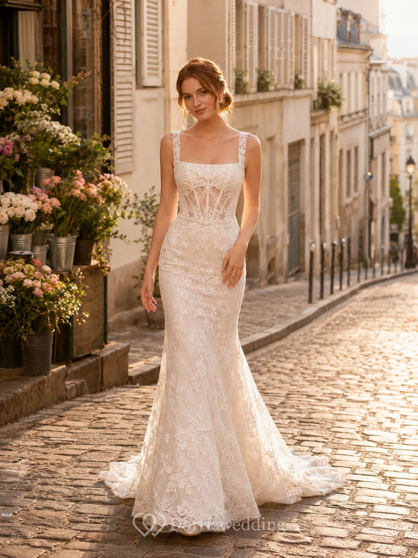 Vestido de novia de encaje estilo sirena con tirantes finos, cola larga y espalda en V baja.