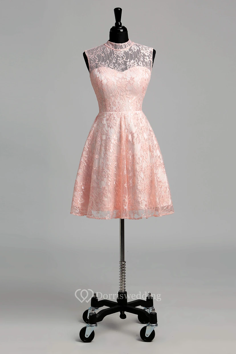 Robe courte/mini en dentelle simple, coupe trapèze, col montant, sans manches