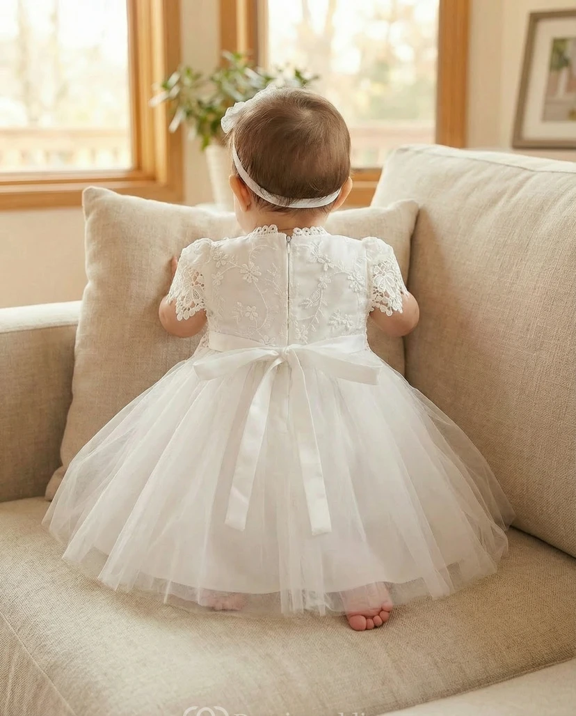 Christening White Baby Flower Girl Dress Lace Bodice Tulle Party Gown view 2