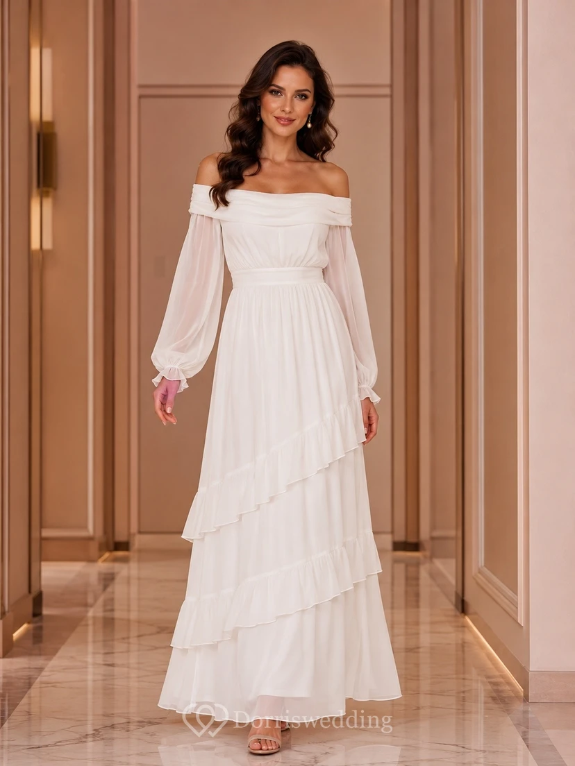 White Long Sleeve Off-Shoulder Tiered Floor-Length Chiffon Dress