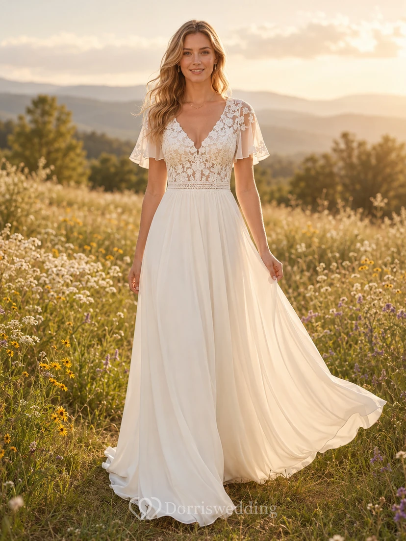 Robe de mariée en dentelle et tulle, coupe trapèze, col rond, manches courtes et traîne.