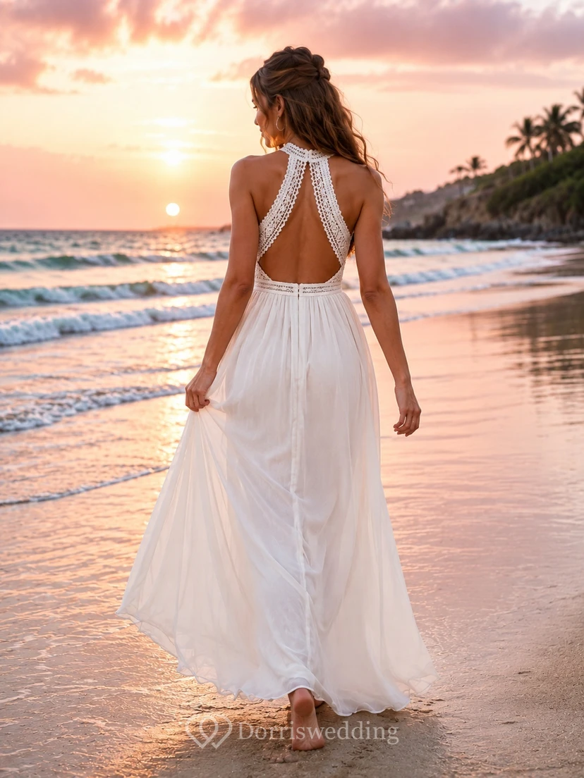 Strandkleid im Boho-Stil mit Neckholder, hohem Kragen, Schlüssellochausschnitt und A-Linie – das perfekte Brautkleid für Ihre Hochzeit im Ausland view 2