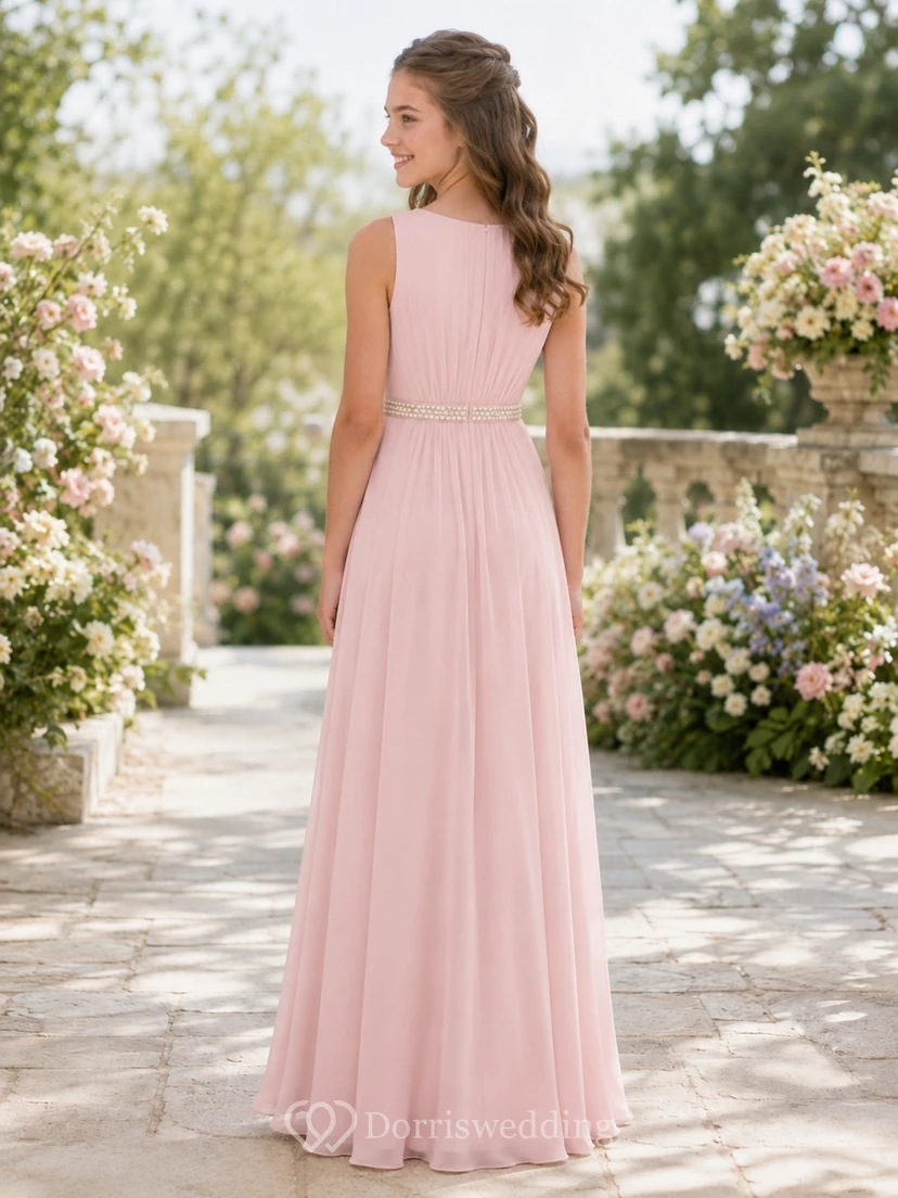 Vestido de dama de honor juvenil rosa ruborizado, corte en A, sin mangas, de gasa con detalles de cuentas en la cintura, elegante. view 2