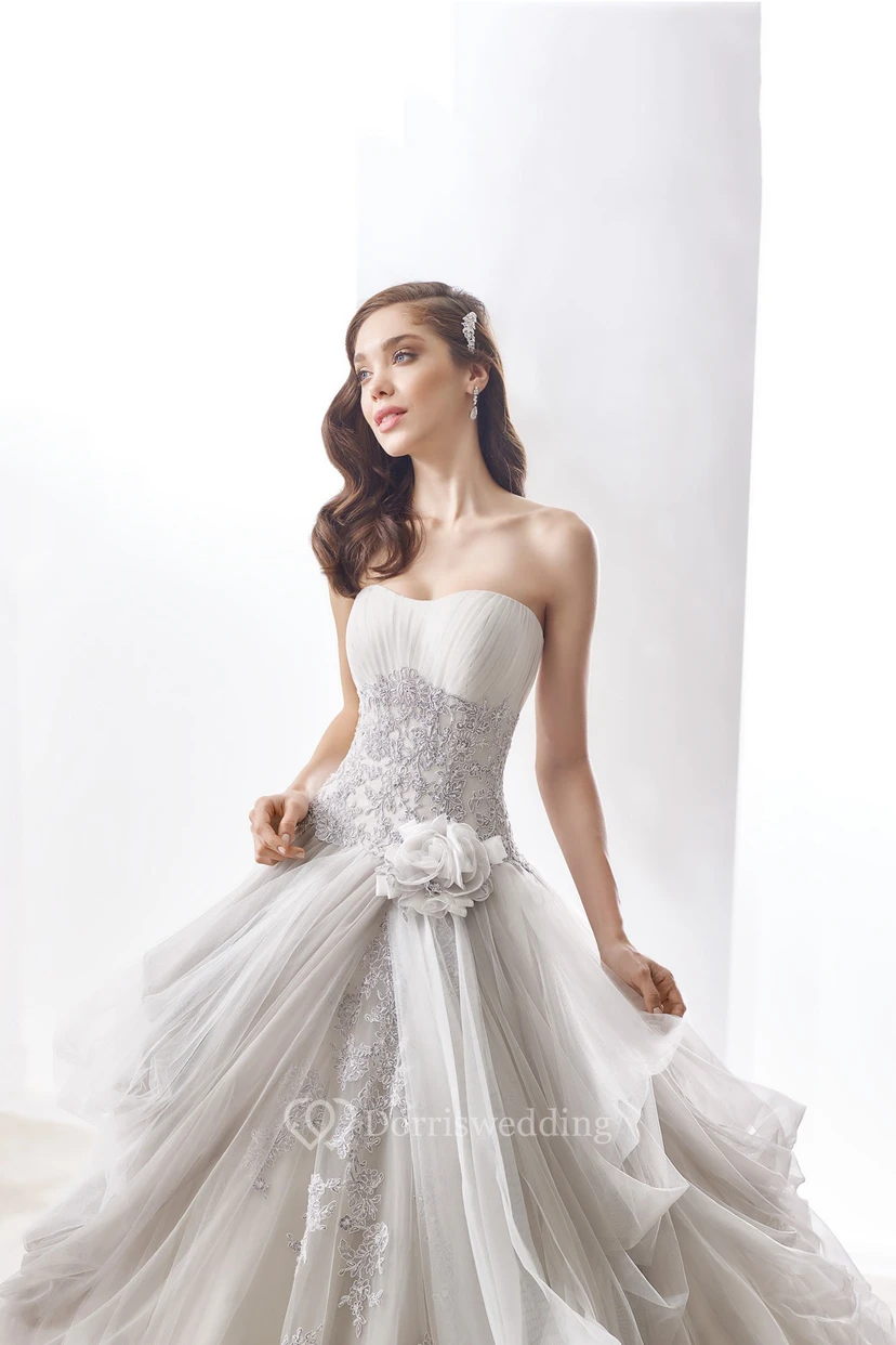 Strapless Beaded A-Line Ruching Bridal Gown With Floral Decoration And Pleated Bust view 3
