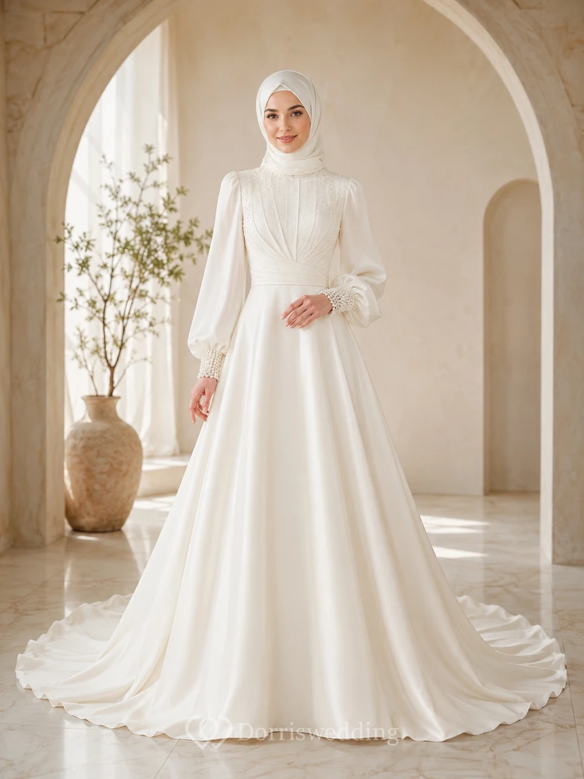 Modest Muslim High Neck Bishop Sleeve Satin Bridal Gown