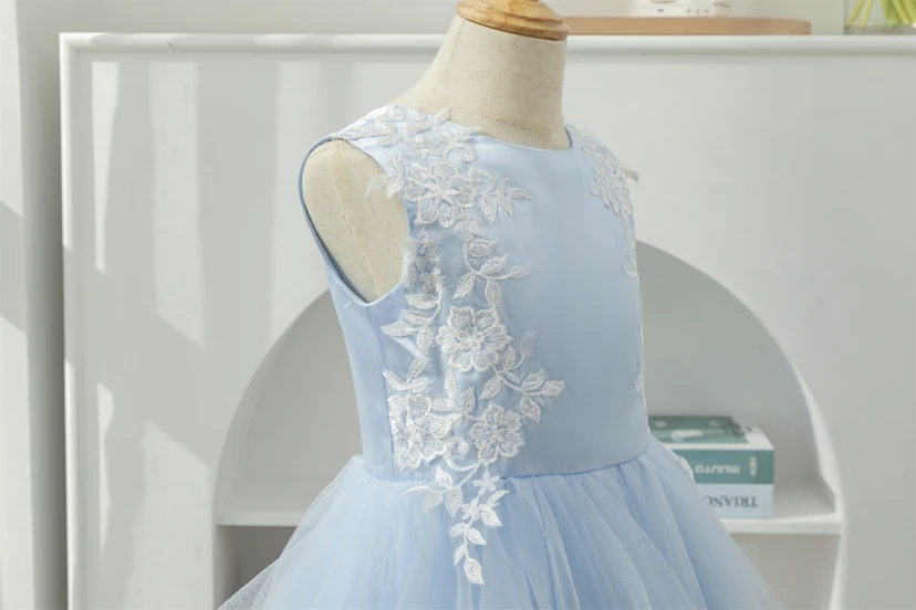 Sky Blue Scoop-neck Applique Ruffled Tulle Short Flowergirl Dress view 5