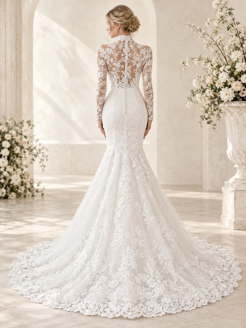 Modest Mermaid High Neck Long Sleeve Floral Lace Wedding Dress view 2