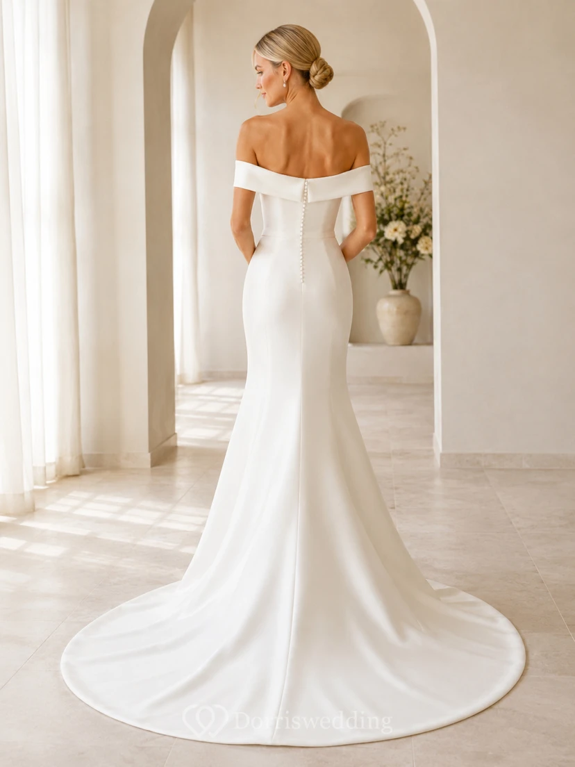 Minimalist Stretch Satin Wedding Dress Mermaid Off Shoulder Sweep Train Bridal Gown view 2