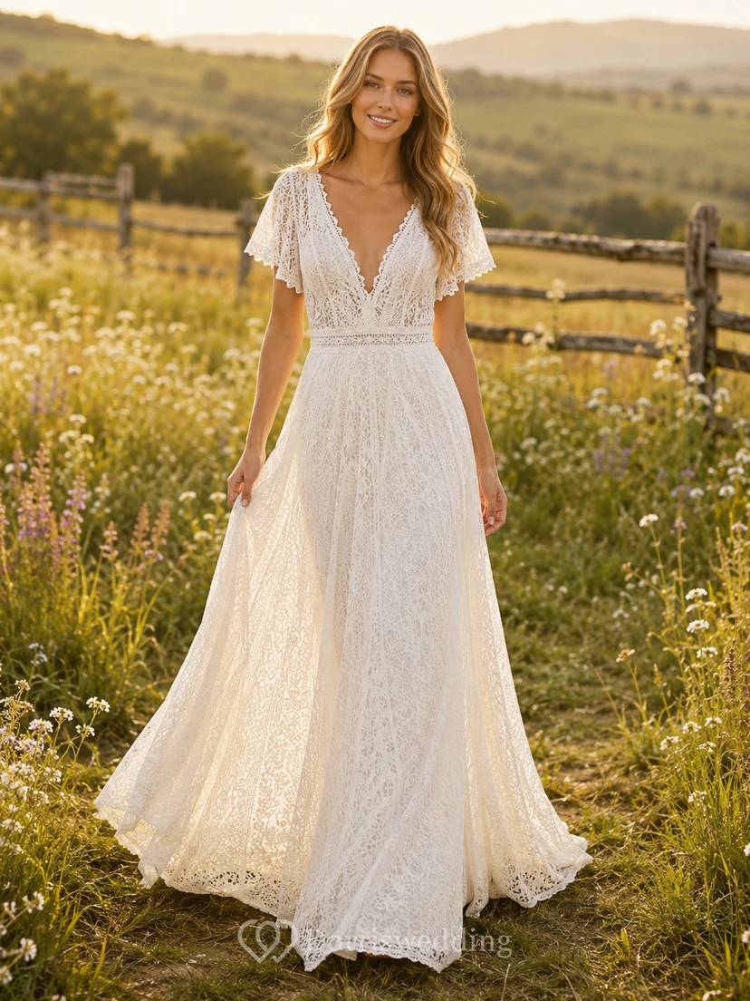 Crochet Lace V-Neck Cap Sleeve Boho A-Line Wedding Dress