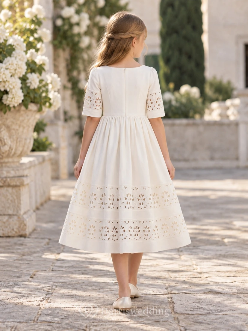 Modest Vintage Tea-length Ivory Bateau Cutwork Sleeve Cotton Flower Girl Dress view 2