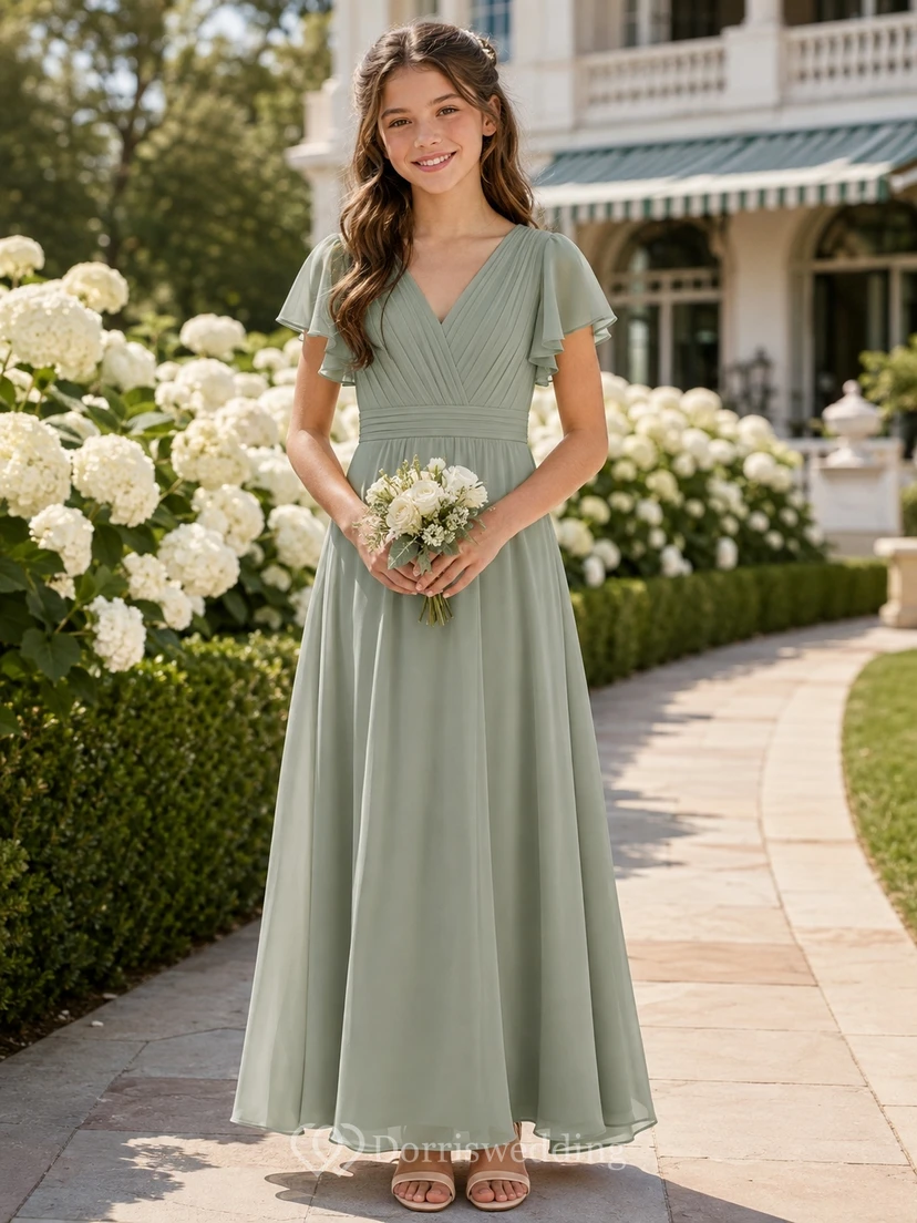 Celadonfarbenes Brautjungfernkleid für junge Damen, A-Linie, V-Ausschnitt, kurze Blütenblattärmel, elegant