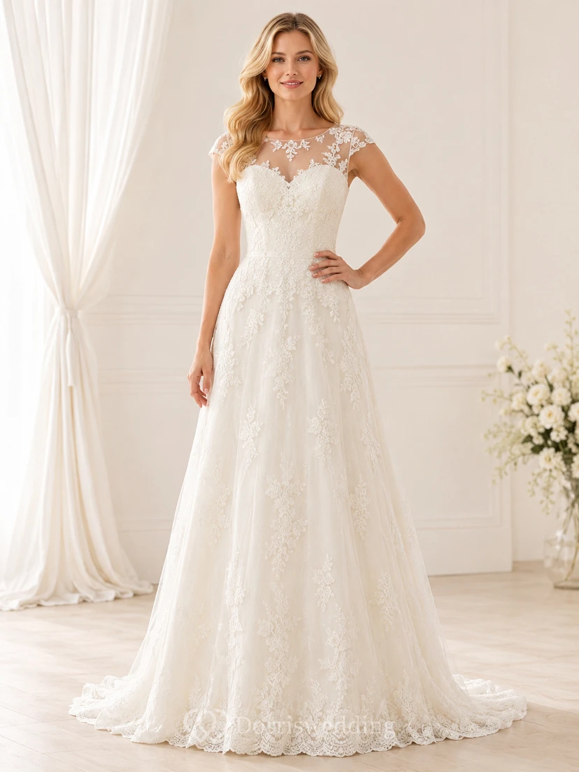Brautkleid mit kurzen Ärmeln, Spitze, A-Linie, strahlend weiß