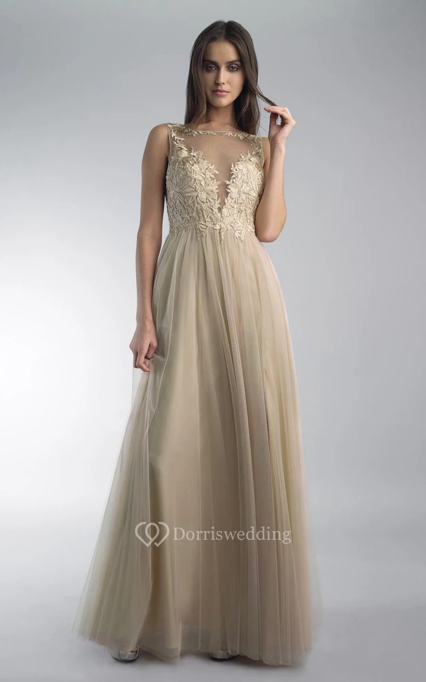 A-line Floor-length Jewel Sleeveless Tulle Low-V Back Dress view 3
