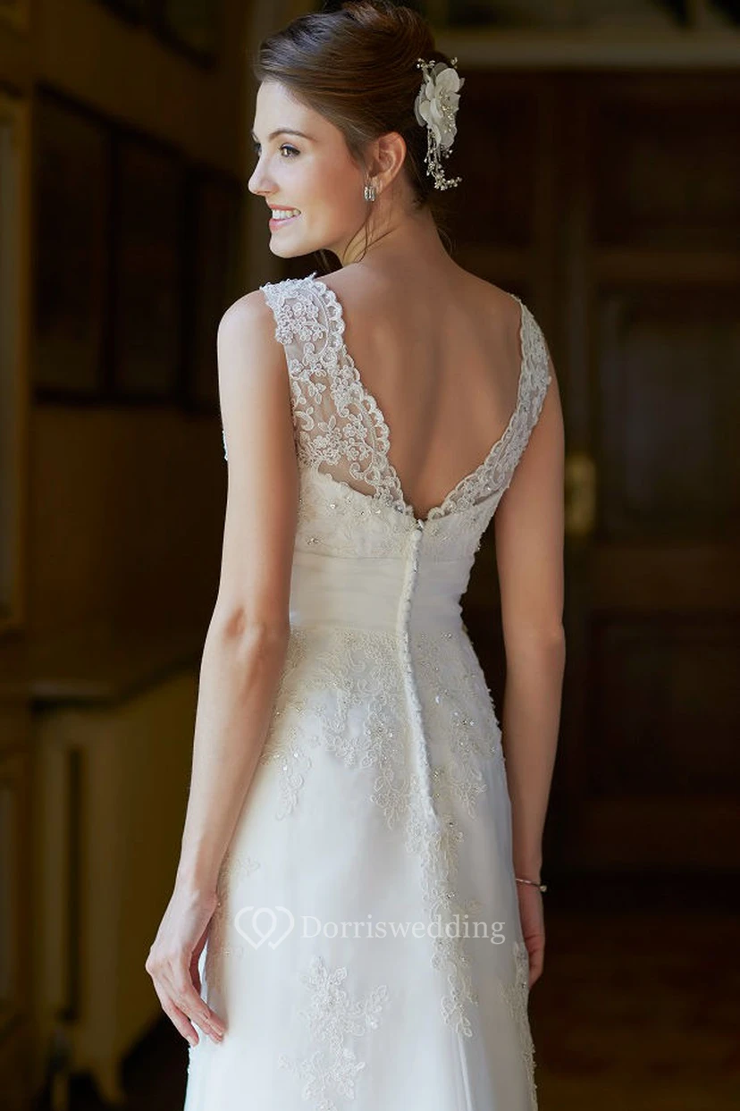 A-Line Bateau Appliqued Maxi Sleeveless Lace Wedding Dress With Low-V Back And Sweep Train view 5