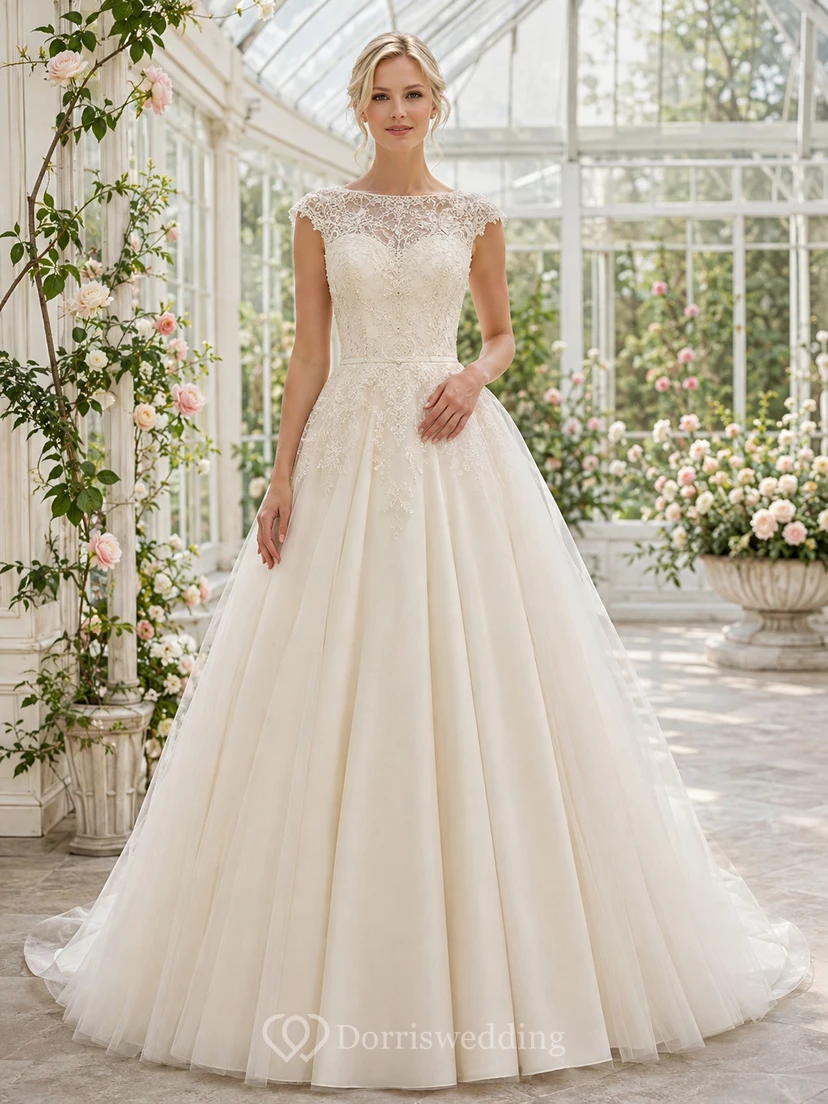 Robe de mariée romantique à traîne, décolleté en cœur, dentelle illusion et boutons en tulle, style bateau