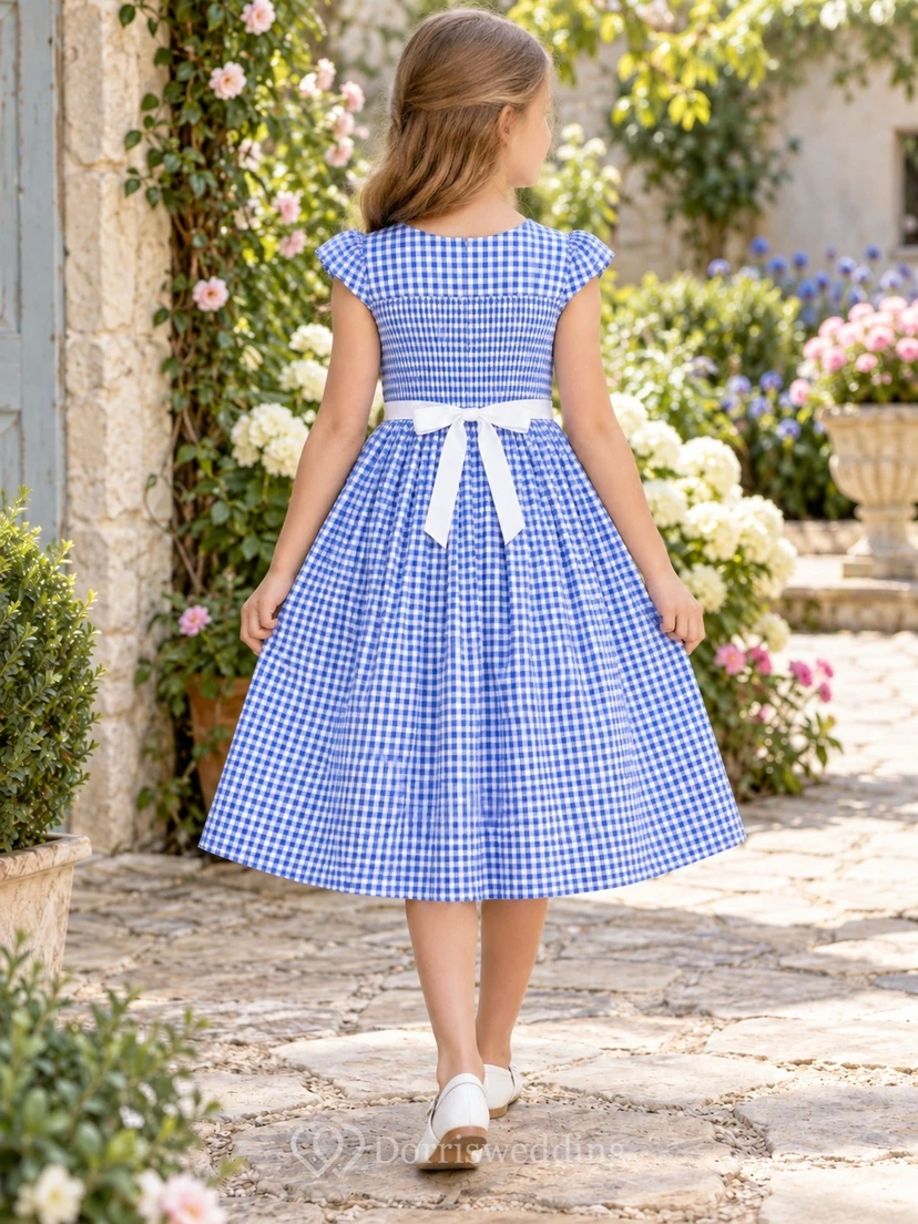 Country Tea-length Blue Scoop Neck Cap Sleeve Gingham Cotton Flower Girl Dress view 2