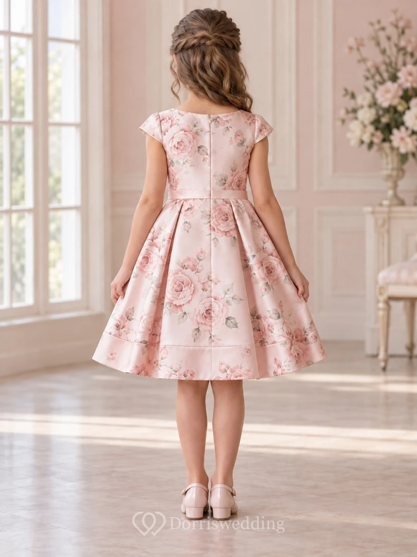 Tea-length Blush Floral Cap Sleeve Side Bow Satin Flower Girl Dress view 2